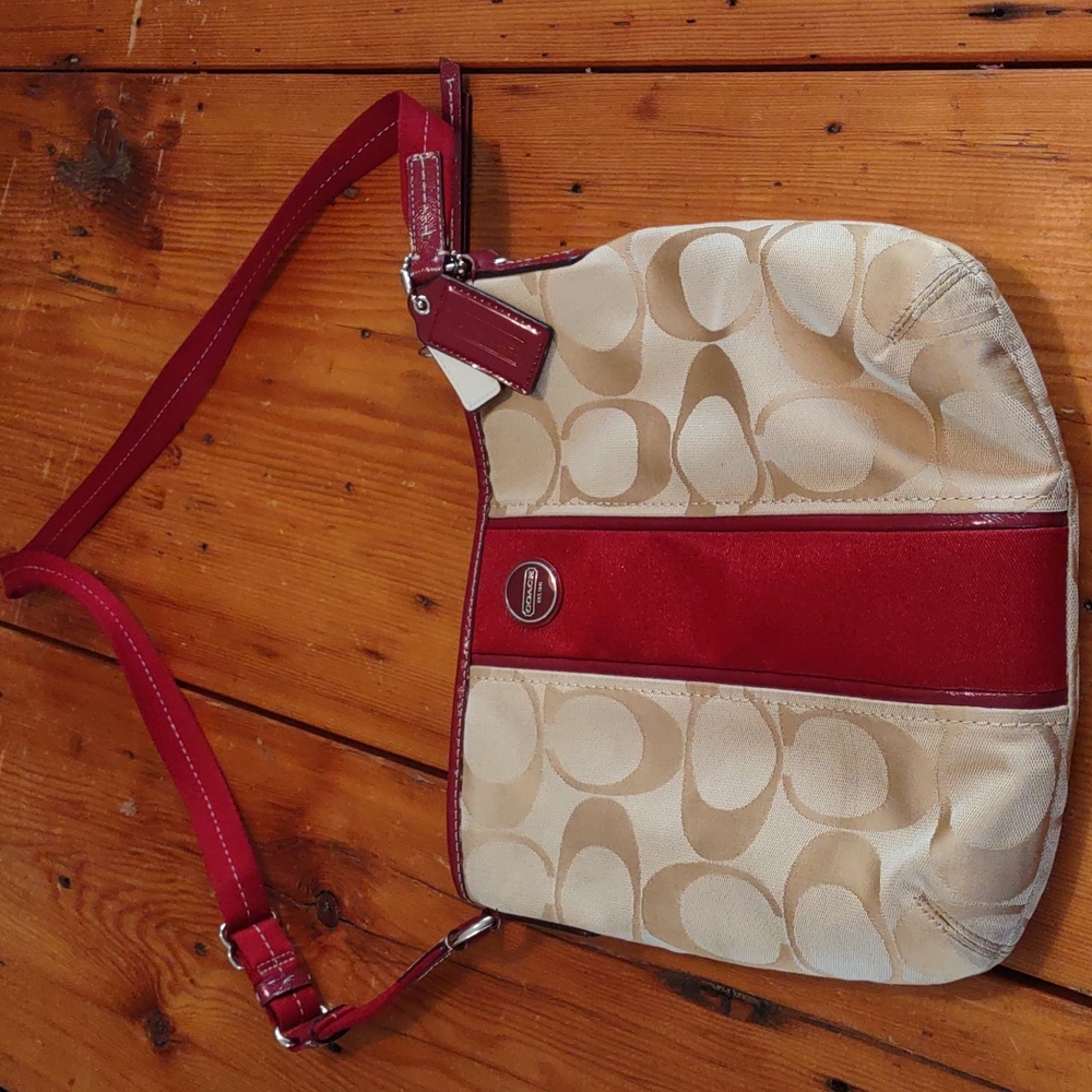 Coach purse Beige with deep red stripe Embroidered Shoulder Bag